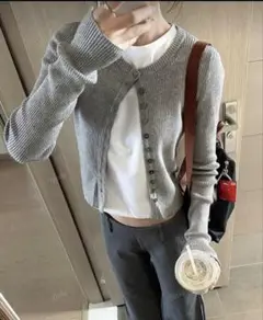 SHEIN リブニットカーディガン　スリムフィット　韓国　グレー