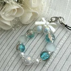 Y2K青と白の天然石ビーズストラップキーホルダーリボン水色パールクリア「43」