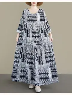 ビッグサイズ レディース レトロ クルーネック 長袖 ゆったり ワンピース