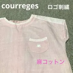 土日限定価格　クレージュ ロゴ刺繍　半袖ブラウス ピンク ストライプ　綿麻のサムネイル