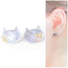 グレイ8mm猫ピアス/イヤリング　再販