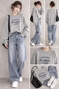 美品 グローバルワーク ロゴ刺繍ニット セーター S グレー ドロップショルダー