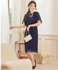 ネイビー レース 膝丈ドレス ワンピース フレア袖 入学式 卒業式 通勤結婚式L