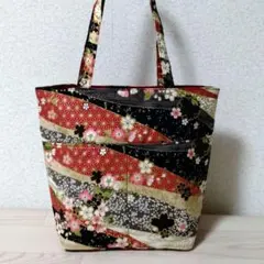 Ｈ76　豪華金彩 和柄 トートバッグ 桜と麻の葉 ハンドメイド