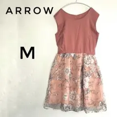 ARROW フラワープリント ノースリーブ ワンピース リボン付き M