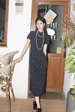 普段使いOK 紺 花柄 チャイナドレス ワンピース ロング 旗袍