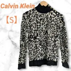 古着　Calvin Klein　ヒョウ柄ニット　【S】　長袖　ハイネック　ボタンのサムネイル