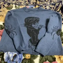青 スパイダー柄 ニットセーター