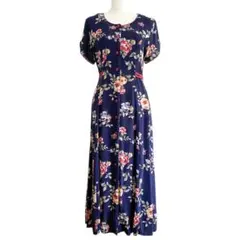 海外古着 総柄 フラワープリント 花柄 半袖 リボン ロング丈 マキシワンピース