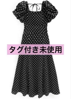 ドット柄バルーンスリーブフレアワンピース[ru1163] ブラック M タグ付き