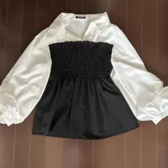白黒バルーンスリーブシャーリングブラウスドッキングシャツ　秋服