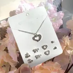 シルバー ハート リボン ネックレス ピアス まとめ売り #C460-B
