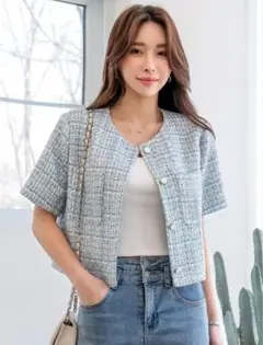 【新品未使用】SHEIN Dazy 半袖ショート丈ツイードチェックジャケット S