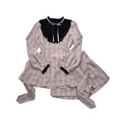 Secret Honey ピンク スタンドカラー セットアップ チェック リボン