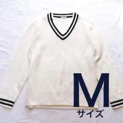 アイボリー Vネック ニット セーター 長袖 ネイビー Mサイズ 白 冬春