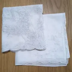 スワトウ　汕頭　花柄刺繍 ホワイトリネン ハンカチ　2枚セット