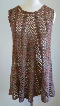 手編み⑨ 中古品フレアーサマーチュニック　ベスト　ラメ入り綿糸　ハンドメイド