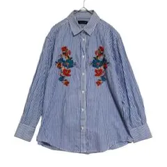 スコットクラブ　鳥花刺繍 ストライプブラウス　シャツ　青 白　9 / M