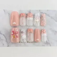 【No.9】ネイルチップ バレエコア リボン ちゅるん レース サイズオーダー