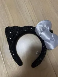 黒キティカチューシャ シルバーリボン付き　ユニバカチューシャ