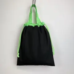 ブラックとグリーンネオンギンガム　持ち手付き巾着袋　ハンドメイド30×25 靴袋
