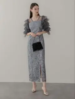 チュールフリルスリーブスパンコールIラインワンピースドレス結婚式二次会パーティー