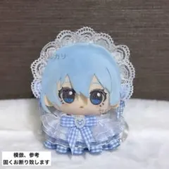 ぬい服 ギンガムチェックフリルドレス ヘッドドレスセット ブルー(水色)