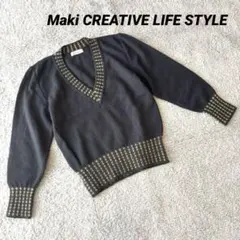 美品✨ウール100 Ｖネック長袖ニット セーター グレー ゴールド 薄手