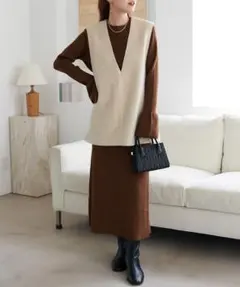 【美品】Discoat、ニットセットアップ、ブラウン・ベージュ、ディスコート