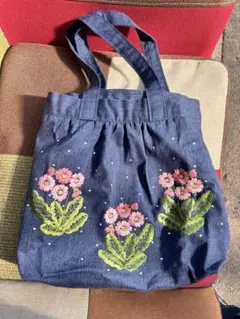定価3410円 レトロ 刺繍 チューリップ柄 ヴィンテージデニムバッグ