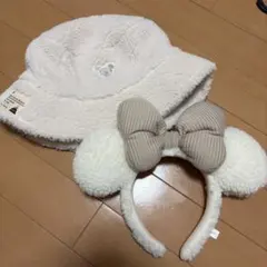 ミッキー　ミニー　フワフワ帽子カチューシャセット　カップル　ペア　白　もこもこ