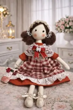 新品ハンドメイド♡赤チェックワンピース♡カントリードール♡女の子♡創作人形一点物