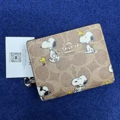 新品カード保存袋付きコーチCOACHスヌーピーキーケース SV/KHaki本物