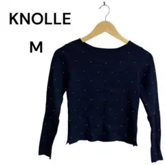 美品✨KNOLLEクノール【M】パール装飾 ネイビー長袖セーター リブ編み