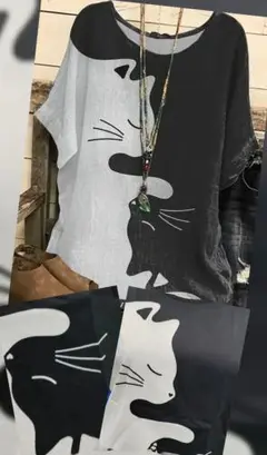 レディース/オーバーサイズ・トップス【猫の柄・黒✕白】２ＸＬ/新品