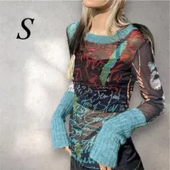 シースルー長袖Tシャツ グラフィックプリントSサイズ