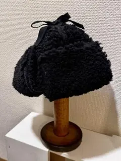 黒 ボア フライトキャップ リボン付き