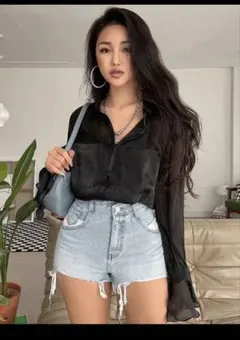 シースルーブラックシャツ　シャツ　ブラウス　カーディガン　韓国服