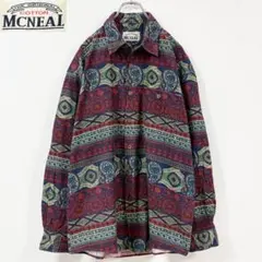 2XL相当　90s　トルコタイル柄＆ペイズリー柄　細畝コーデュロイシャツ　総柄