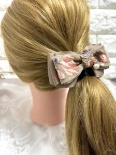 2774インド刺繍リボン☆ヘアゴム 　小シュシュ仕上げ　ハンドメイド