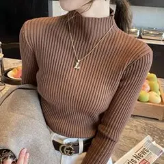 【新品】ボトルネック ハイネック リブニット トップス ブラウン