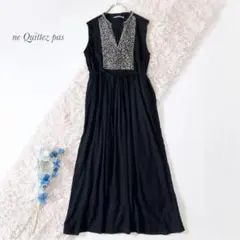 ヌキテパ コットンドビーストライプエンブスリーブレスドレス 刺繍
