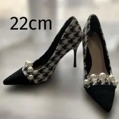 千鳥格子 パールデザイン ポインテッドトゥ ハイヒール パンプス