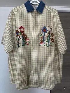 vintage 古着 ギンガムチェック お花 かかし 刺繍 シャツ - メルカリ