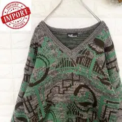 人気カラー 古着 一点物 総柄 デザイン Vネック ニット セーター グリーン緑