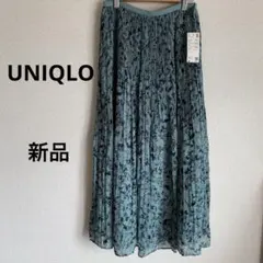 新品タグ付き　ユニクロ　シフォン　プリーツロングスカート 花柄 グリーン