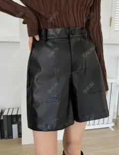 shein DAZY ハイウェスト PUレザー ワイドレッグ ショートパンツ