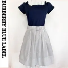 美品 バーバリー ブルーレーベル ワンピース ひざ丈 フレアスカート ネイビー