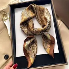 スカーフ　シルク風　ストール　レディース　薄手　ブラウン　レトロ