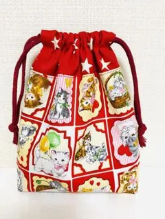 ハンドメイド☆ネコちゃん柄のマチ付き巾着袋・ポーチ・レトロ